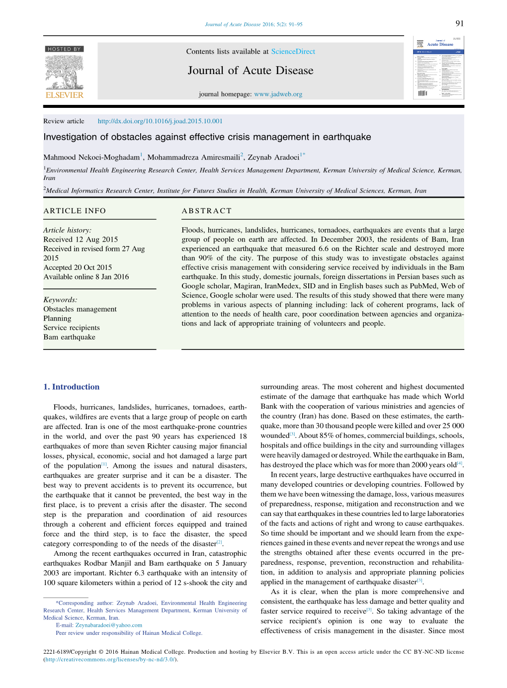 Investigation of Obstacles Against Effective Crisis Management in Earthquake