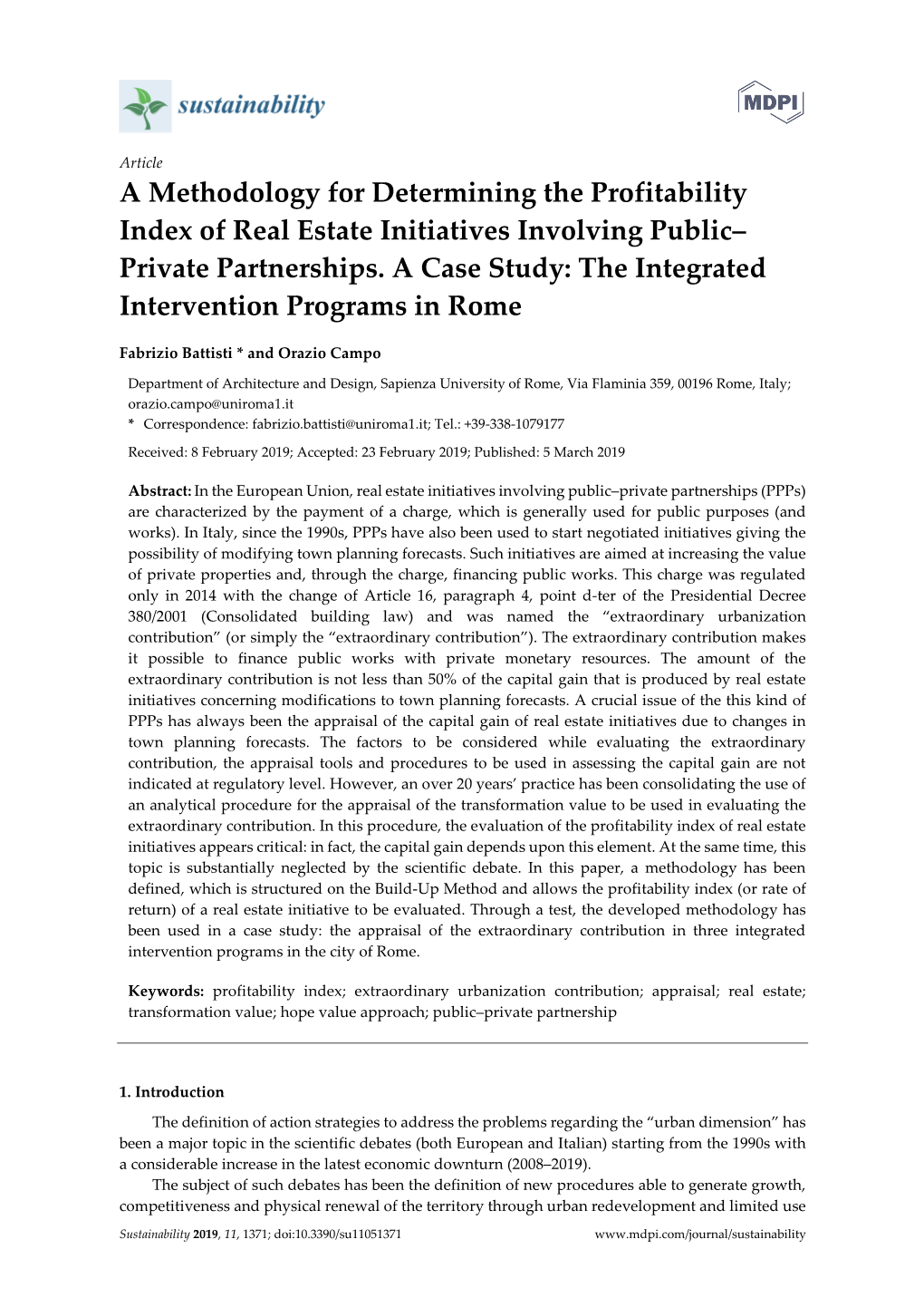 A Methodology for Determining the Profitability Index of Real Estate Initiatives Involving Public– Private Partnerships