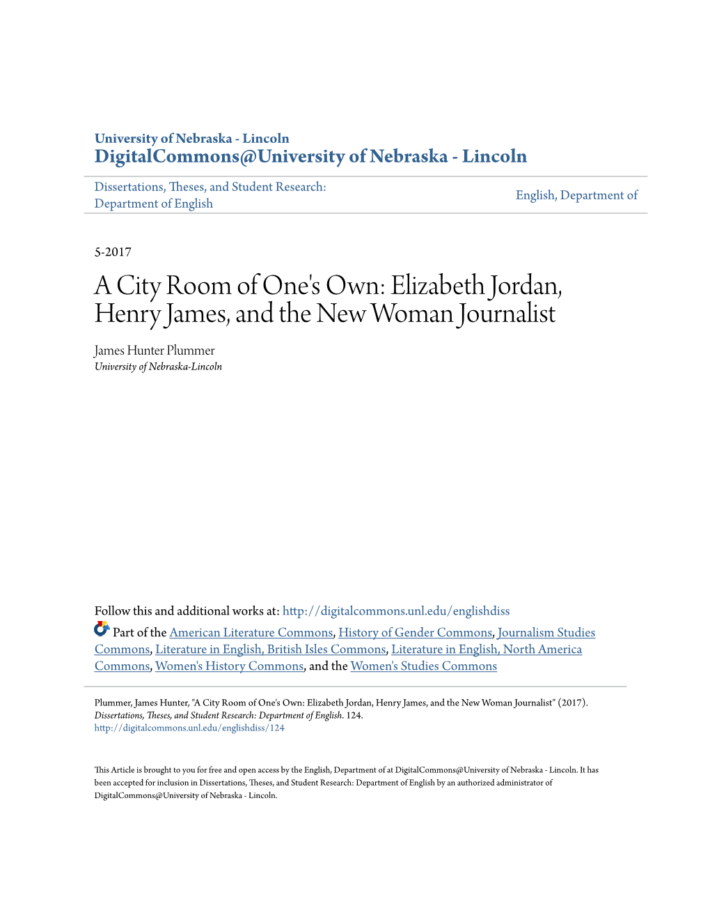 Elizabeth Jordan, Henry James, and the New Woman Journalist James Hunter Plummer University of Nebraska-Lincoln