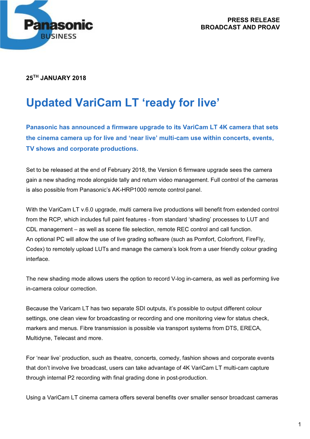 Updated Varicam LT 'Ready for Live'
