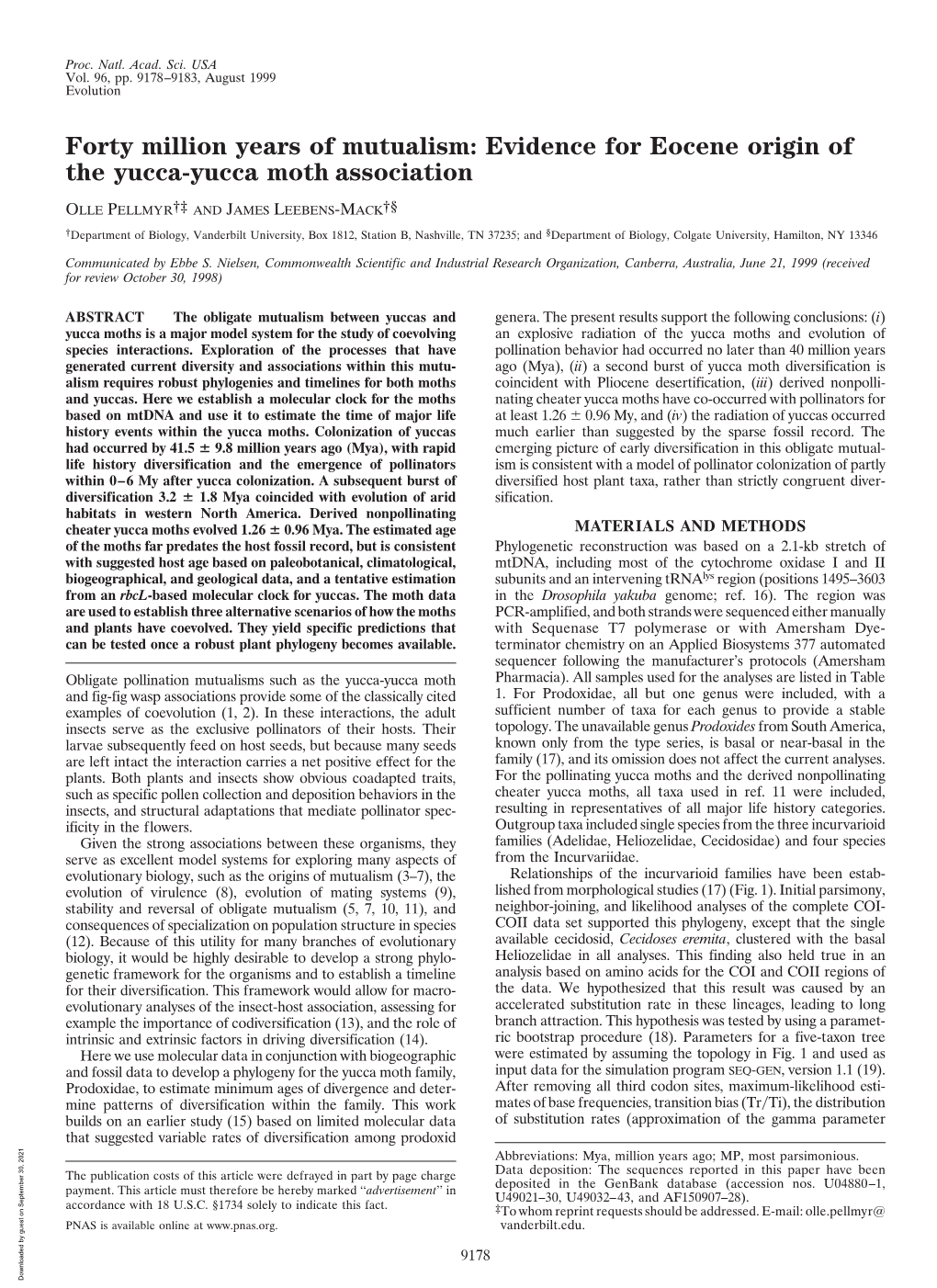 Evidence for Eocene Origin of the Yucca-Yucca Moth Association