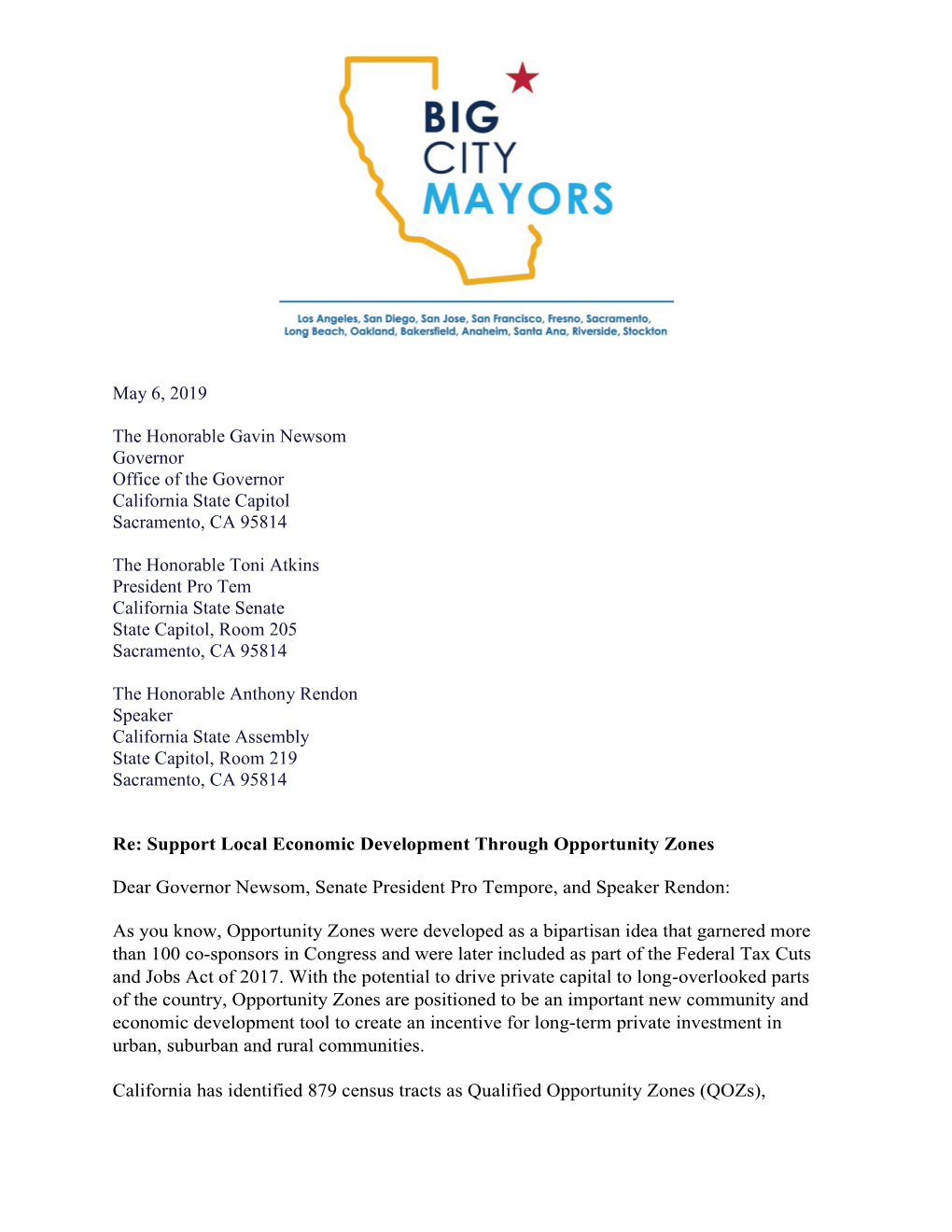 Big City Mayors Support Local Economic Development Through