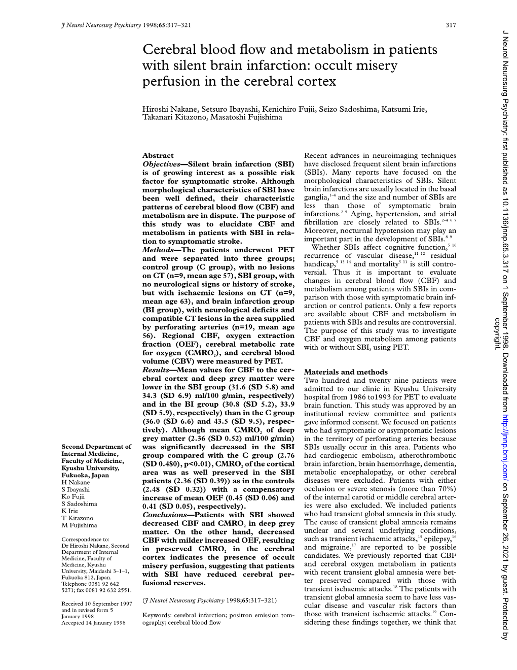 Cerebral Blood Flow and Metabolism in Patients with Silent Brain Infarction