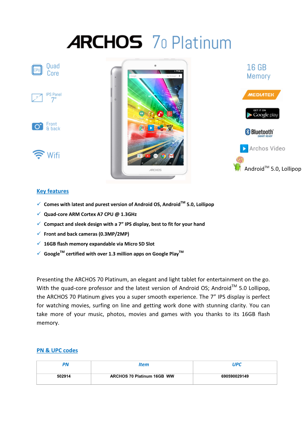 Key Features Presenting the ARCHOS 70 Platinum, an Elegant and Light