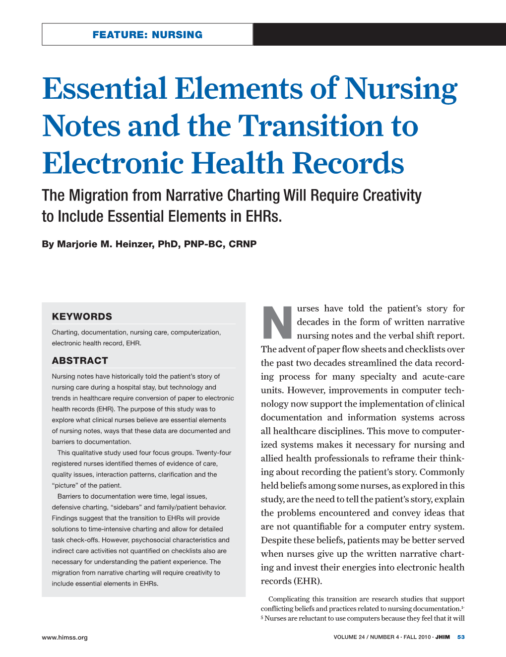 Essential Elements of Nursing Notes and the Transition to Electronic Health Records