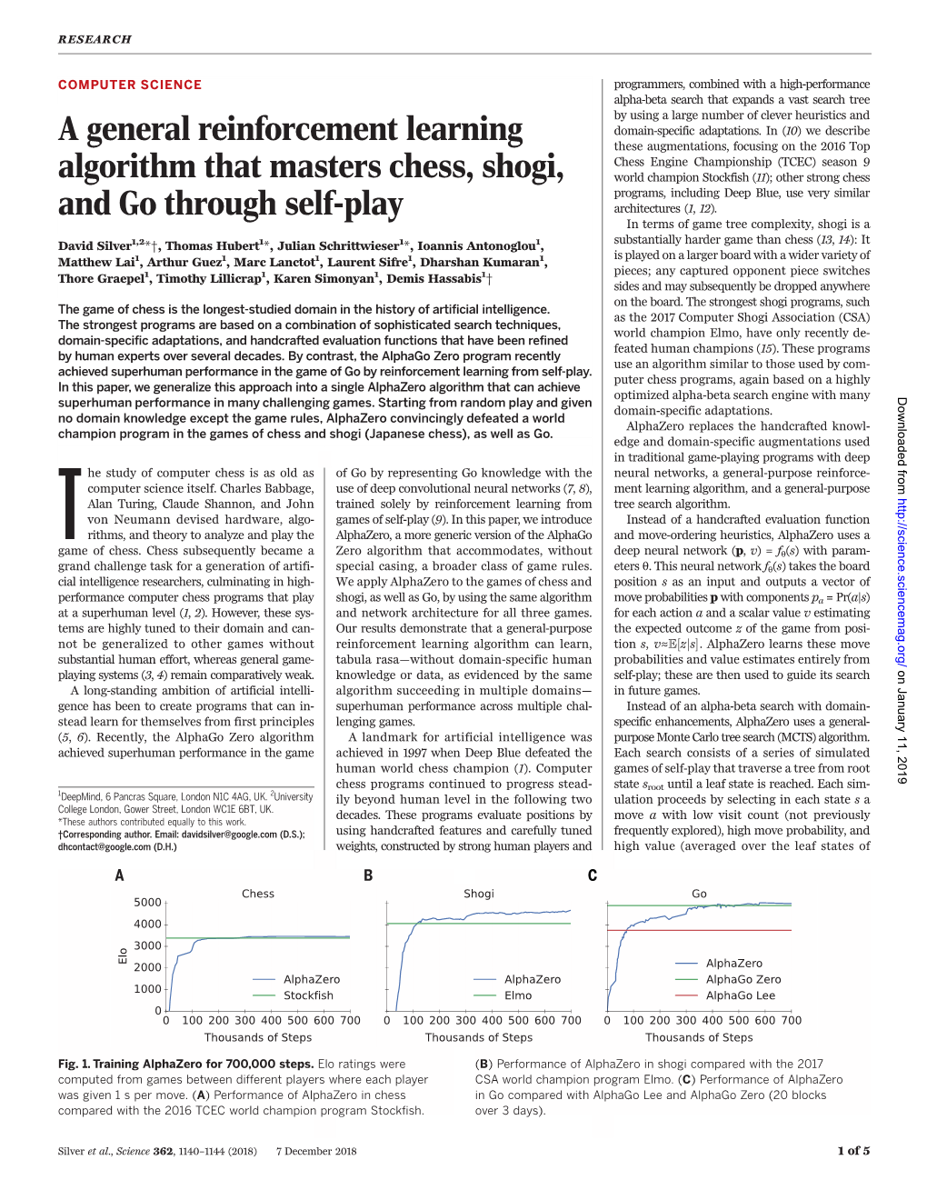 A General Reinforcement Learning Algorithm That Masters Chess, Shogi, and Go Through Self-Play