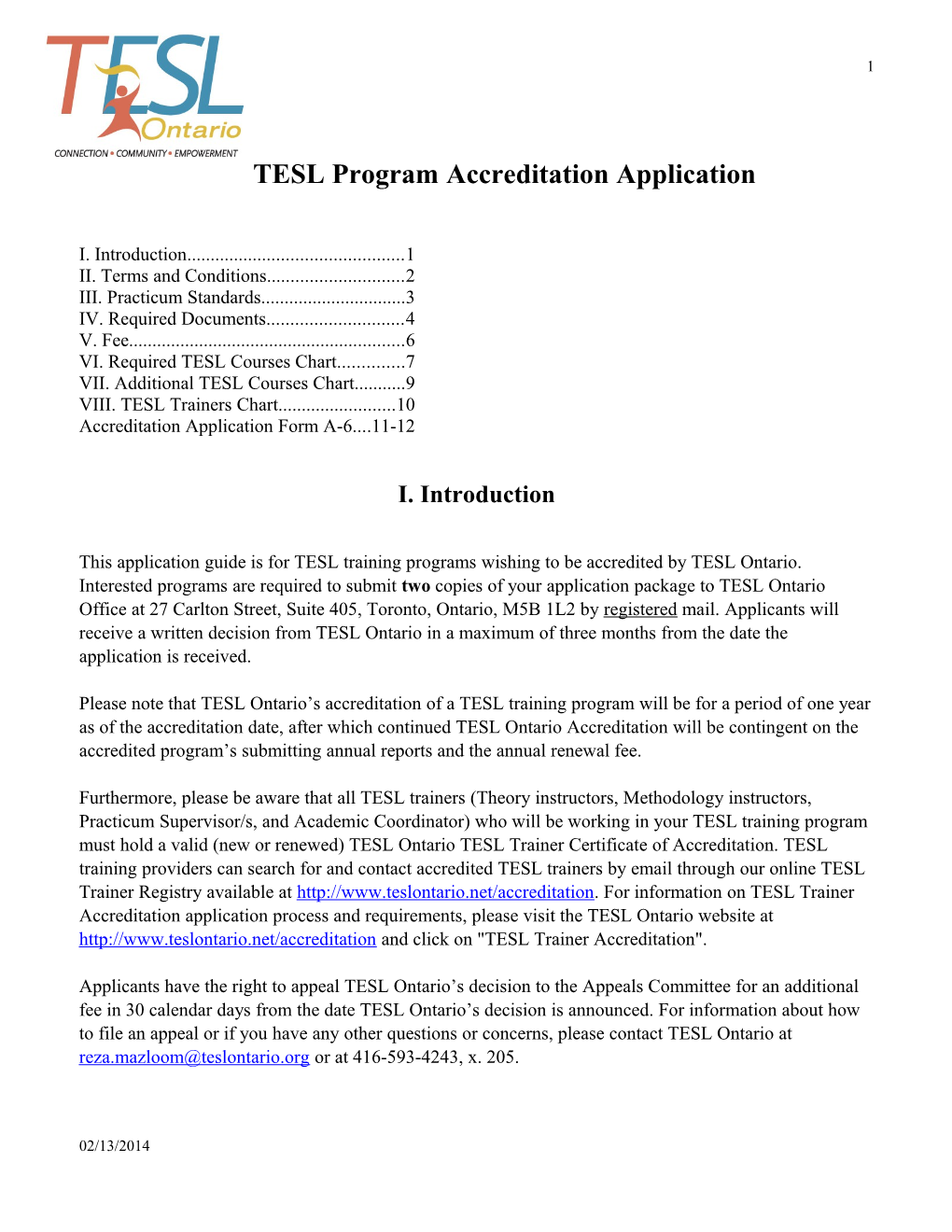 TESL Ontario TESL Training Program Recognition Application Information