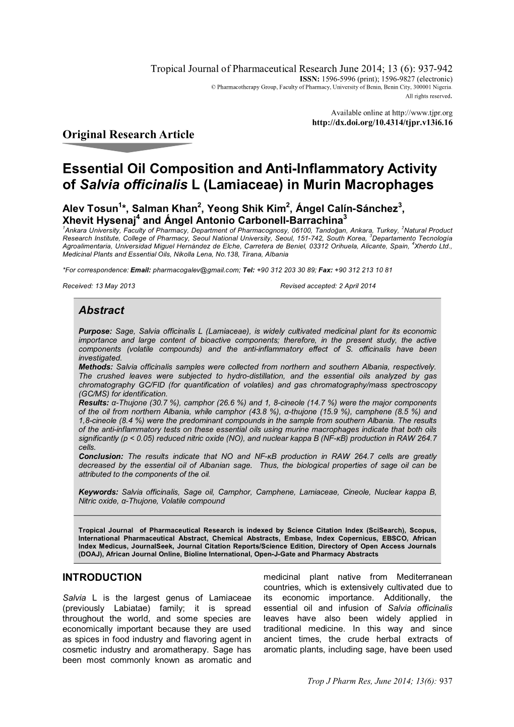 Essential Oil Composition and Anti-Inflammatory Activity of Salvia Officinalis L (Lamiaceae) in Murin Macrophages