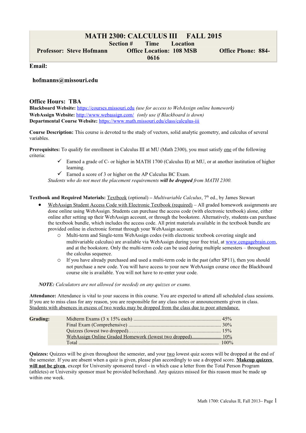 Math 2300: Calculus Iii Fall 2015