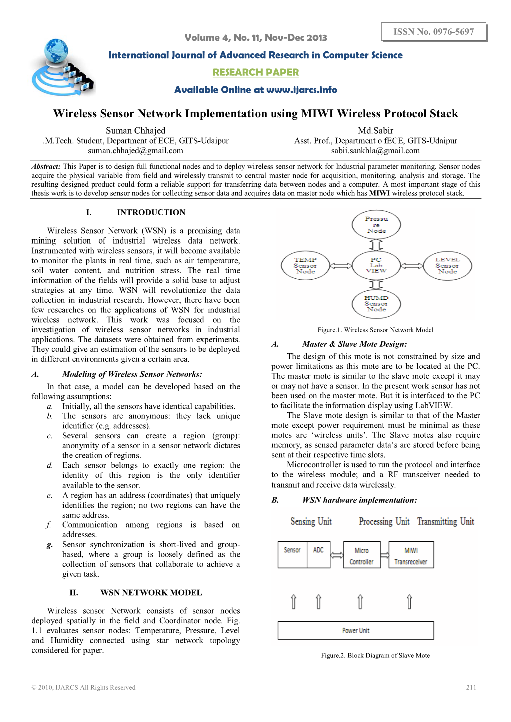 Wireless Sensor Network Implementation Using MIWI Wireless Protocol Stack Suman Chhajed Md.Sabir .M.Tech