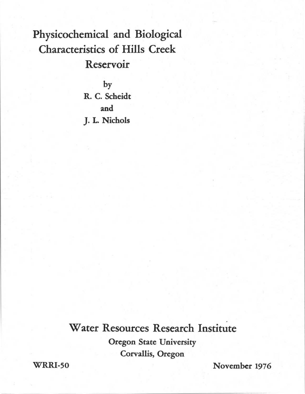 Physicochemical and Biological Characteristics of Hills Creek Reservoir