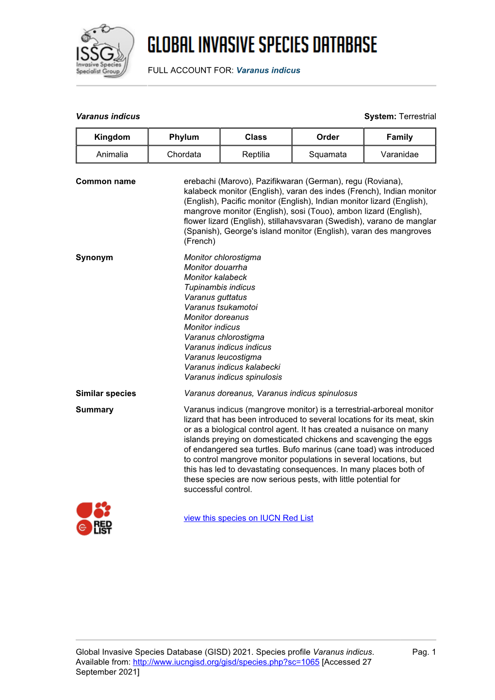 Varanus Indicus Global Invasive Species Database (GISD)