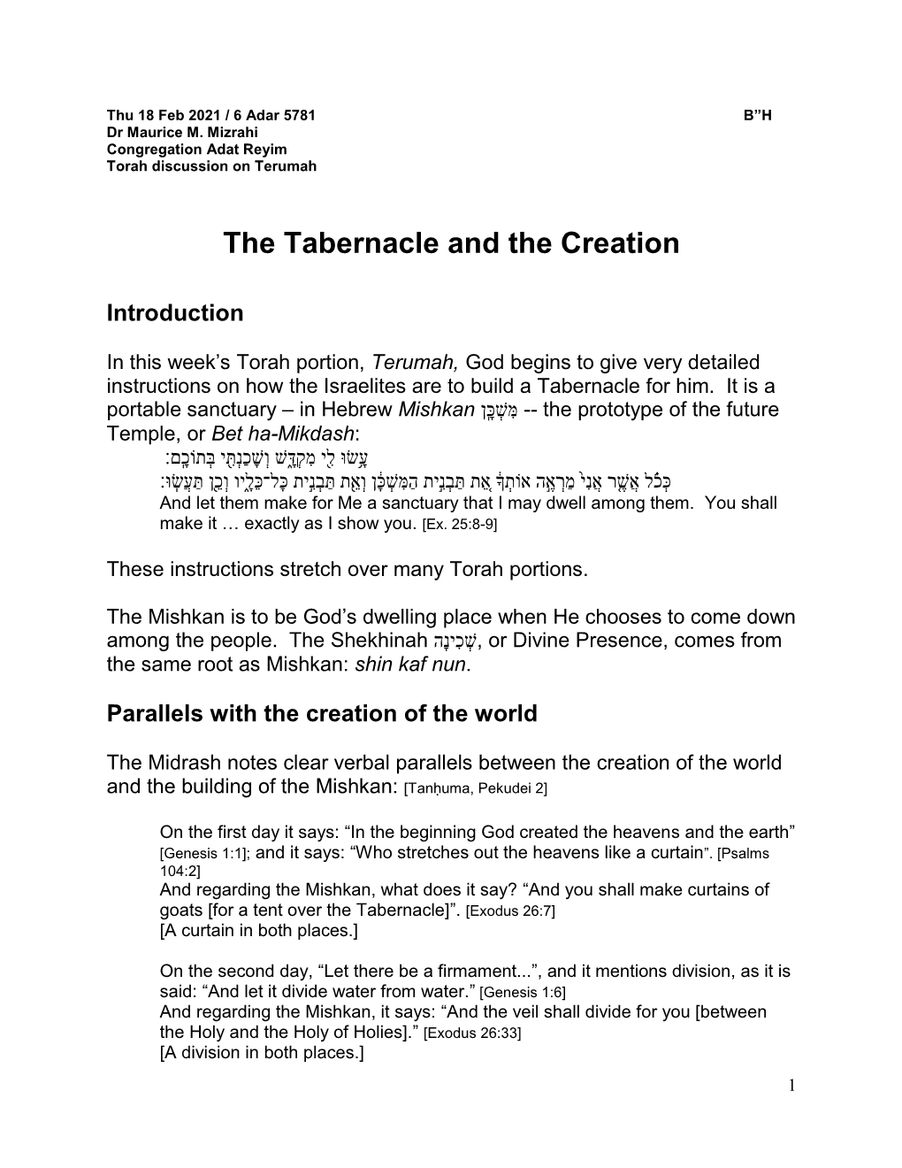 The Tabernacle and the Creation (Terumah)