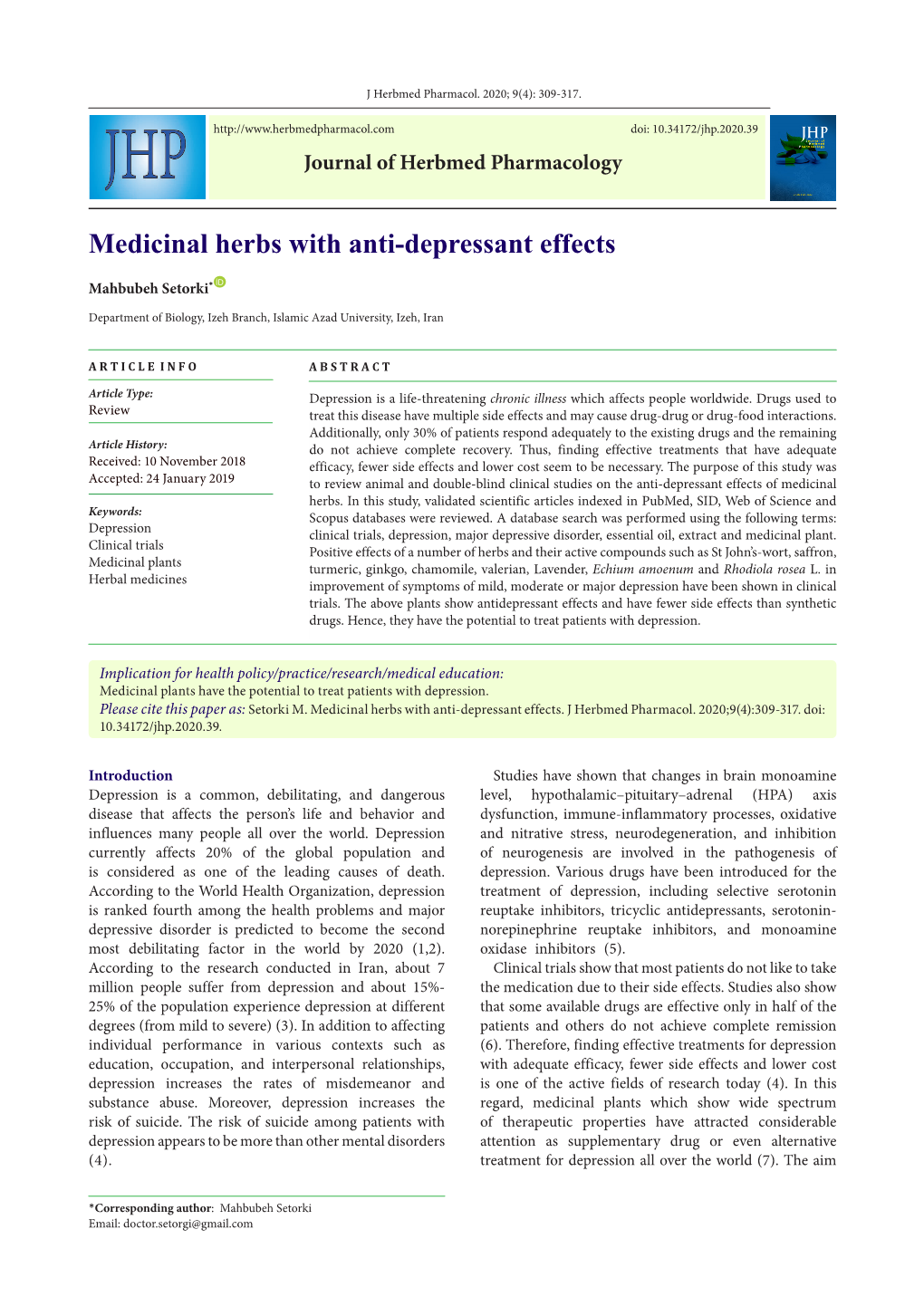 Medicinal Herbs with Anti-Depressant Effects