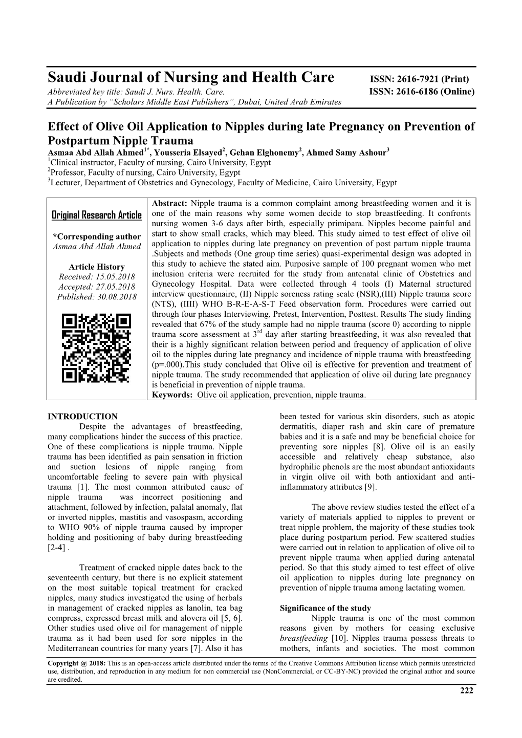 Saudi Journal of Nursing and Health Care ISSN: 2616-7921 (Print) Abbreviated Key Title: Saudi J