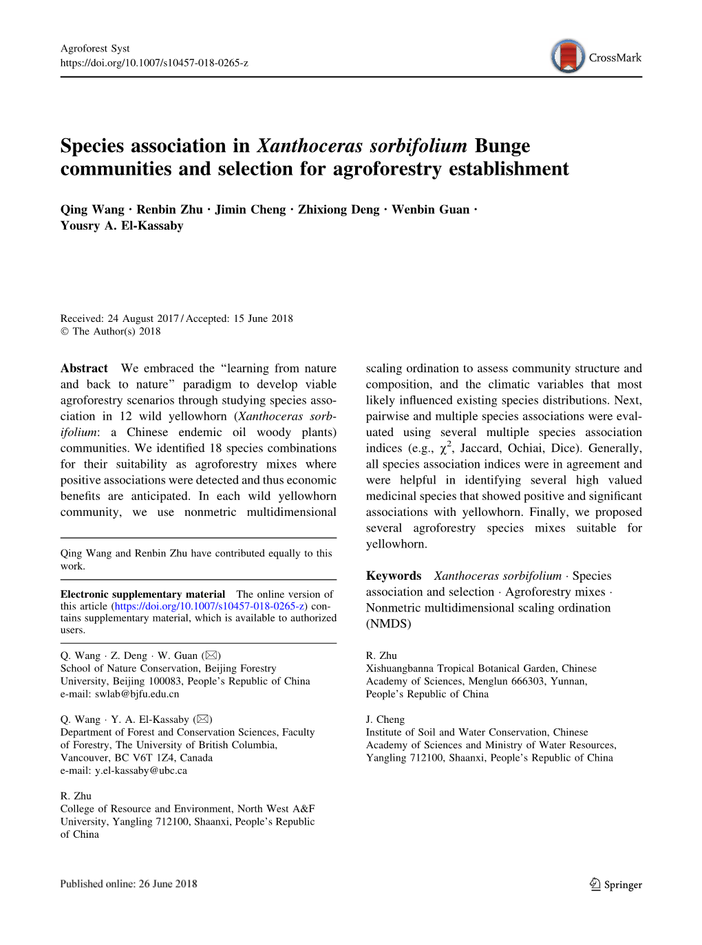 Species Association in Xanthoceras Sorbifolium Bunge Communities and Selection for Agroforestry Establishment