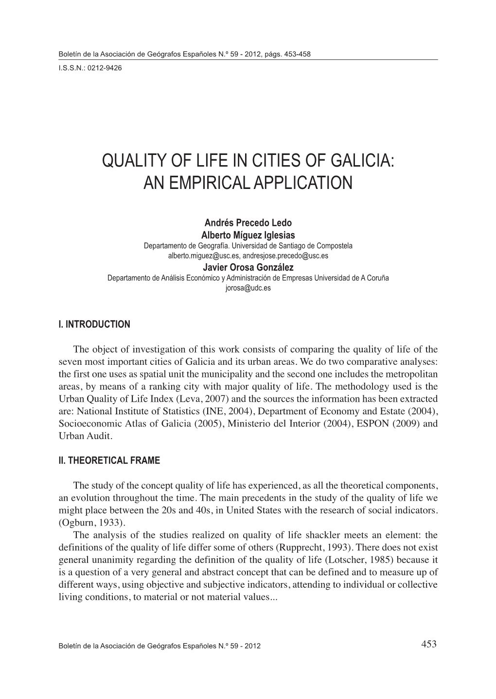 Quality of Life in Cities of Galicia: an Empirical Application