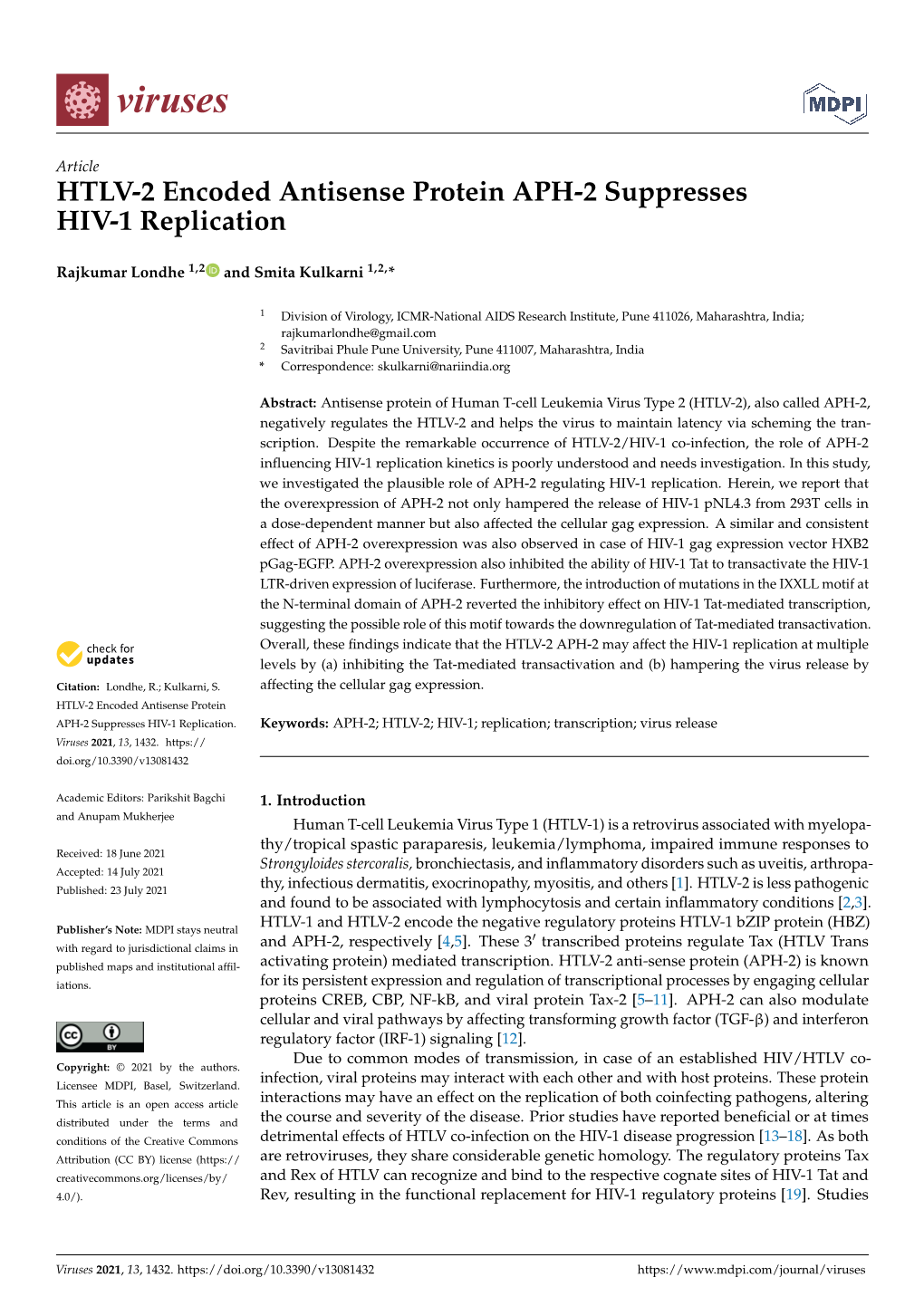 HTLV-2 Encoded Antisense Protein APH-2 Suppresses HIV-1 Replication