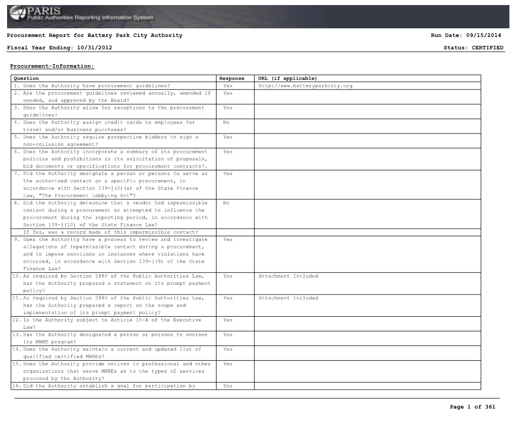 Procurement Report for Battery Park City Authority Fiscal Year Ending