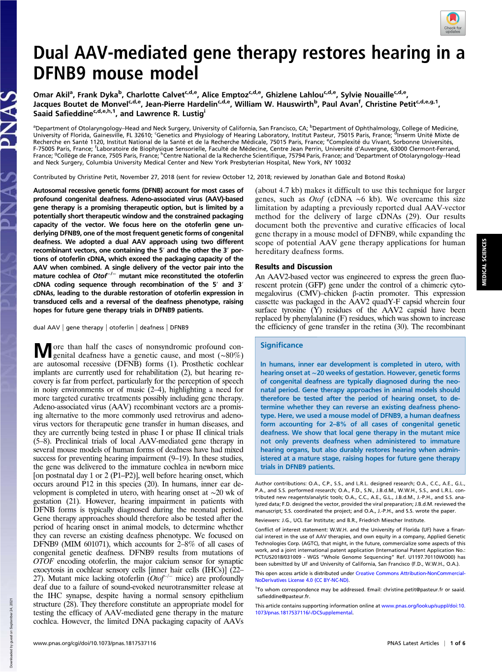 Dual AAV-Mediated Gene Therapy Restores Hearing in a DFNB9 Mouse Model