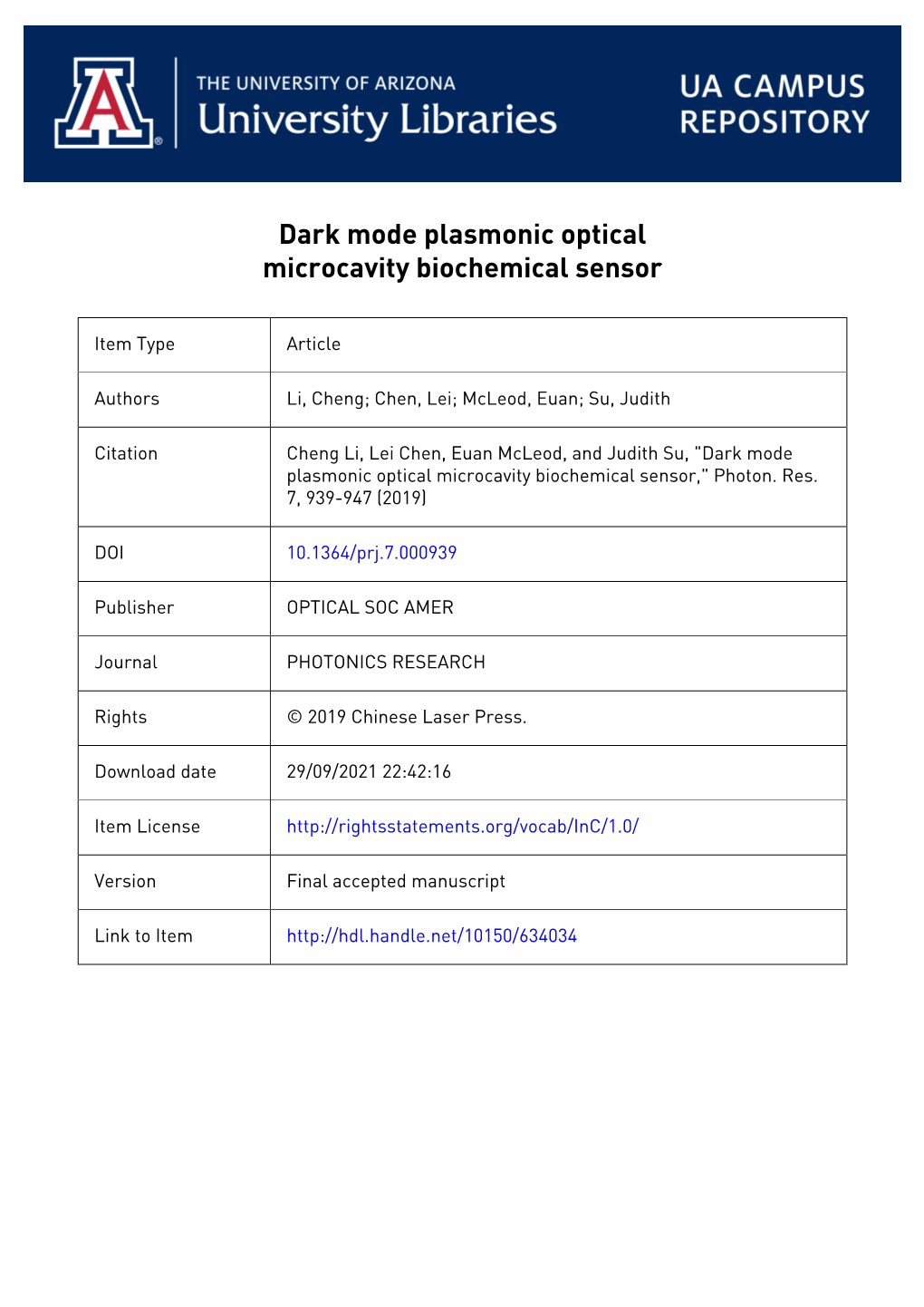 Dark Mode Plasmonic Optical Microcavity Biochemical Sensor