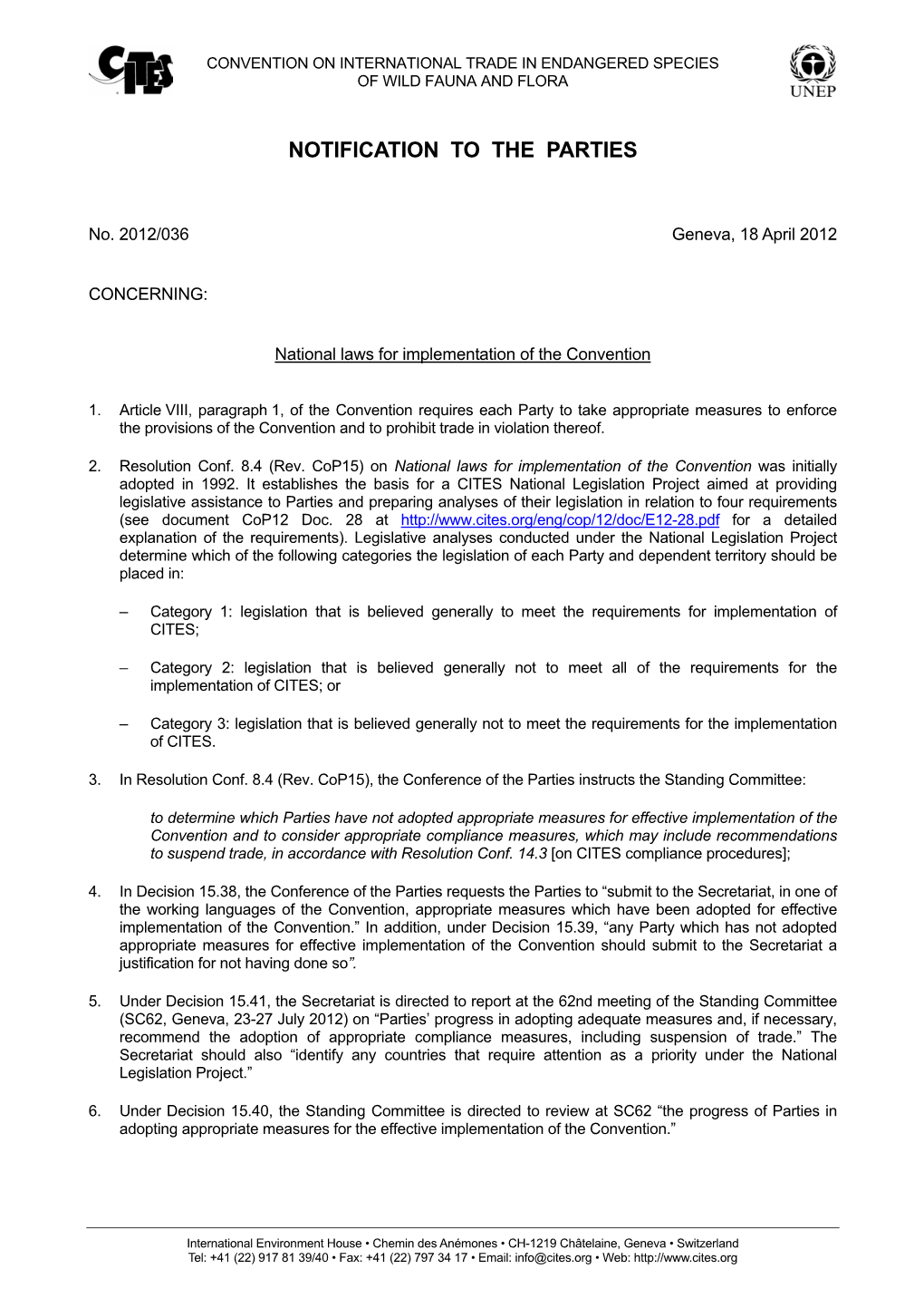 Notification to the Parties No. 2012/036