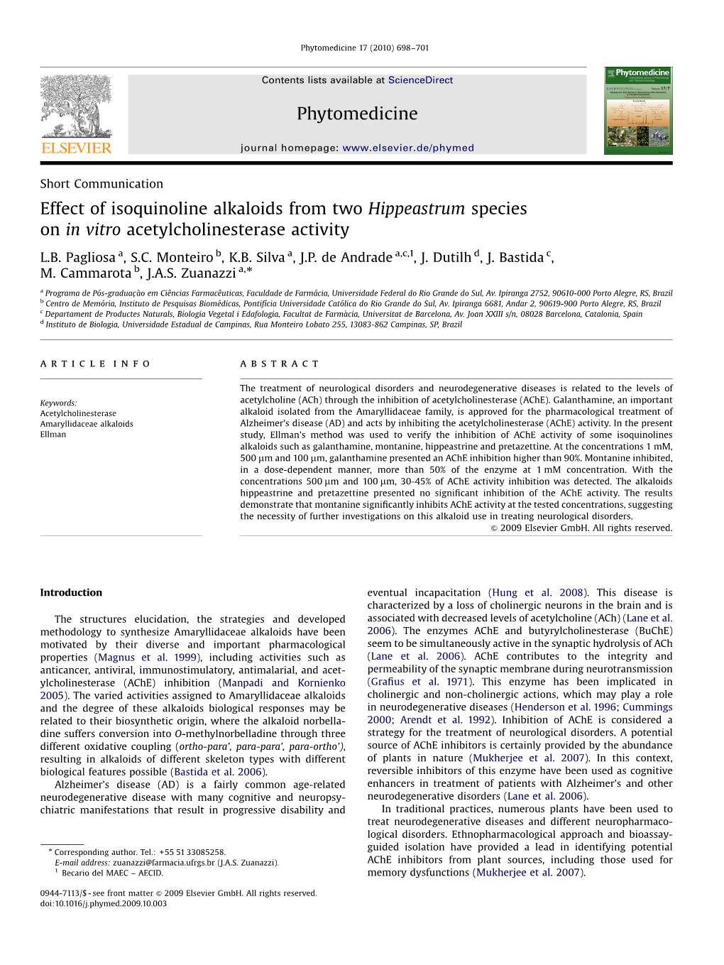 Effect of Isoquinoline Alkaloids from Two Hippeastrum Species on in Vitro Acetylcholinesterase Activity