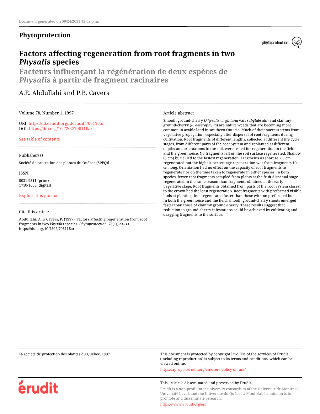 Factors Affecting Regeneration from Root Fragments in Two Physalis Species