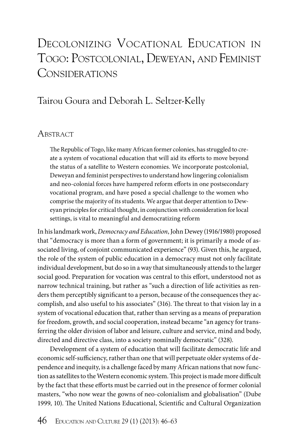 Decolonizing Vocational Education in Togo: Postcolonial, Deweyan, and Feminist Considerations