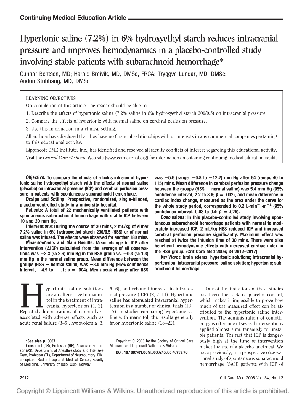 Hypertonic Saline (7.2%) in 6% Hydroxyethyl Starch Reduces Intracranial Pressure and Improves Hemodynamics in a Placebo-Controll