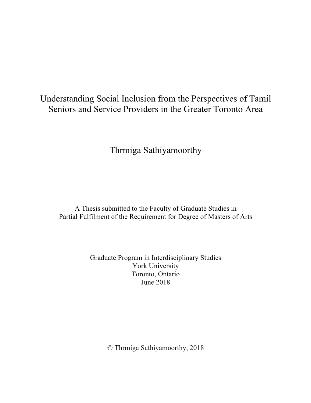 Understanding Social Inclusion from the Perspectives of Tamil Seniors and Service Providers in the Greater Toronto Area