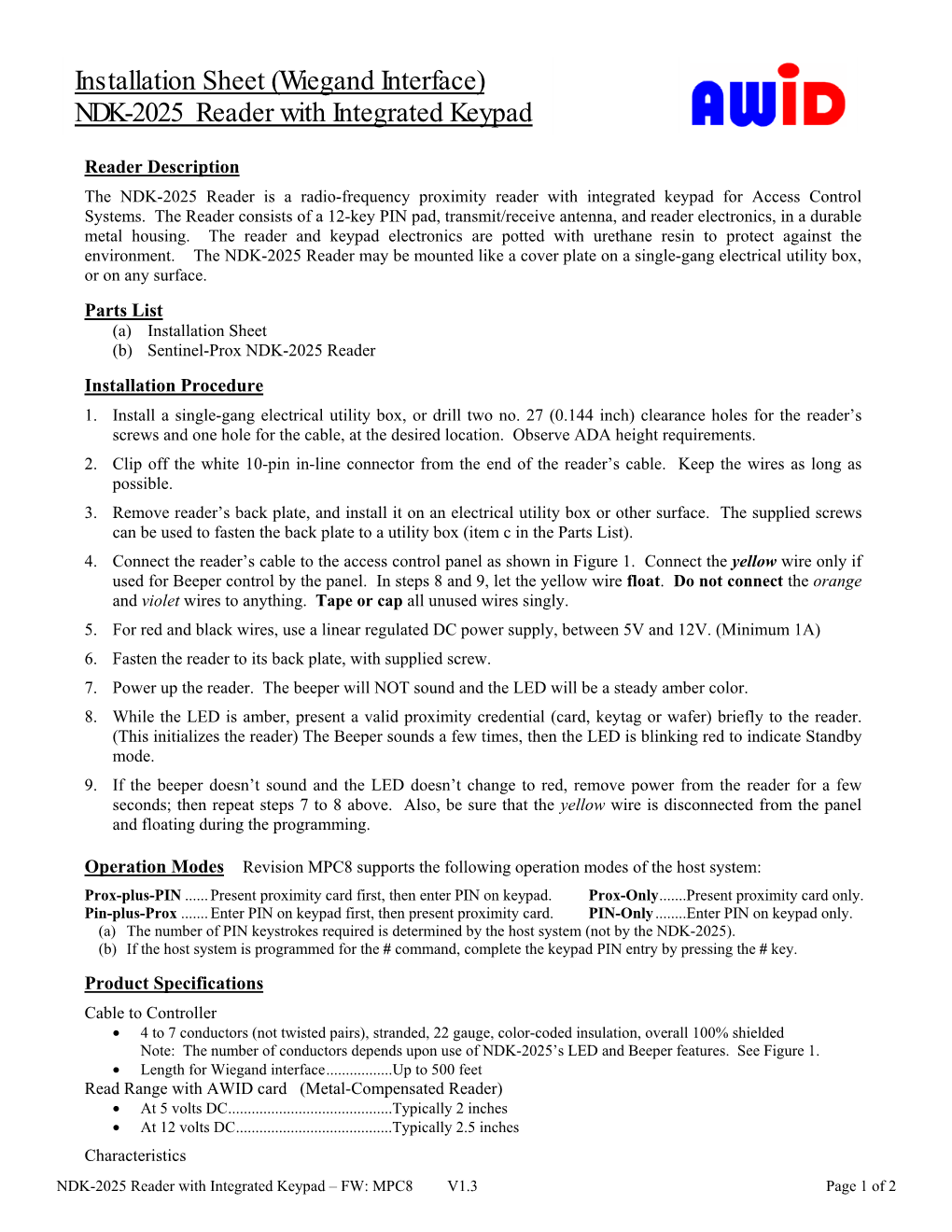 (Wiegand Interface) NDK-2025 Reader with Integrated