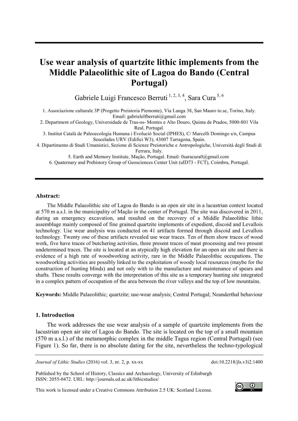 Use Wear Analysis of Quartzite Lithic Implements from the Middle Palaeolithic Site of Lagoa Do Bando