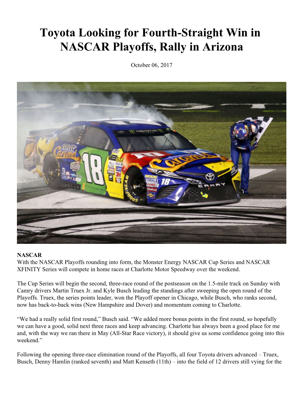 Toyota Looking for Fourth-Straight Win in NASCAR Playoffs, Rally in Arizona