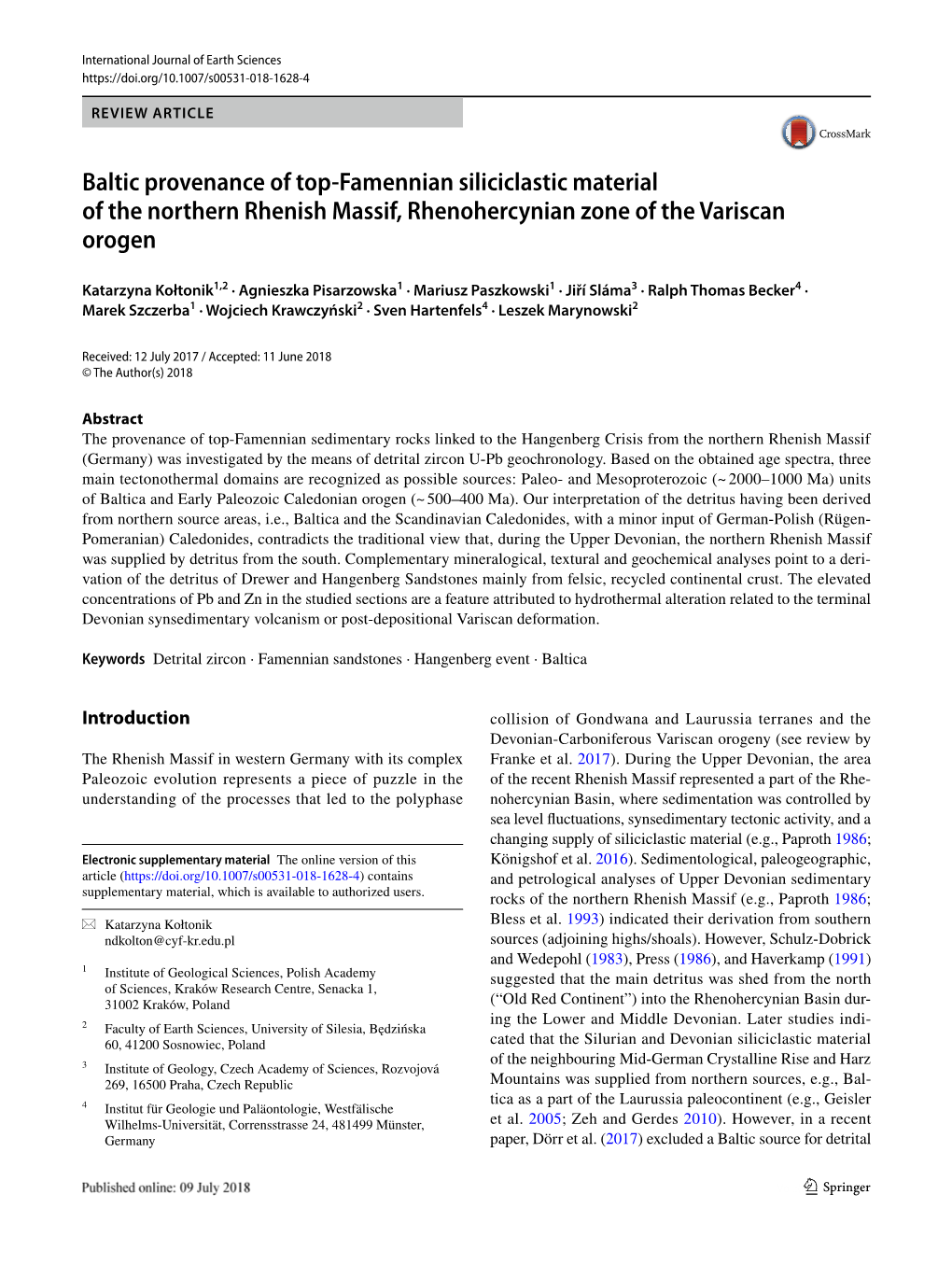 Baltic Provenance of Top-Famennian Siliciclastic Material of the Northern Rhenish Massif, Rhenohercynian Zone of the Variscan Orogen