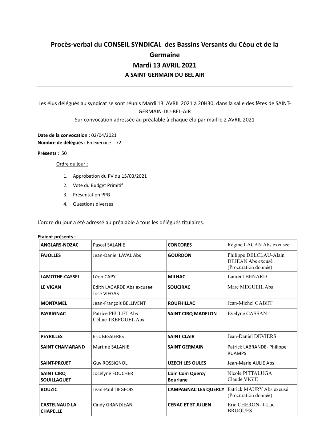 Procès-Verbal Du CONSEIL SYNDICAL Des Bassins Versants Du Céou Et De La Germaine Mardi 13 AVRIL 2021 a SAINT GERMAIN DU BEL AIR