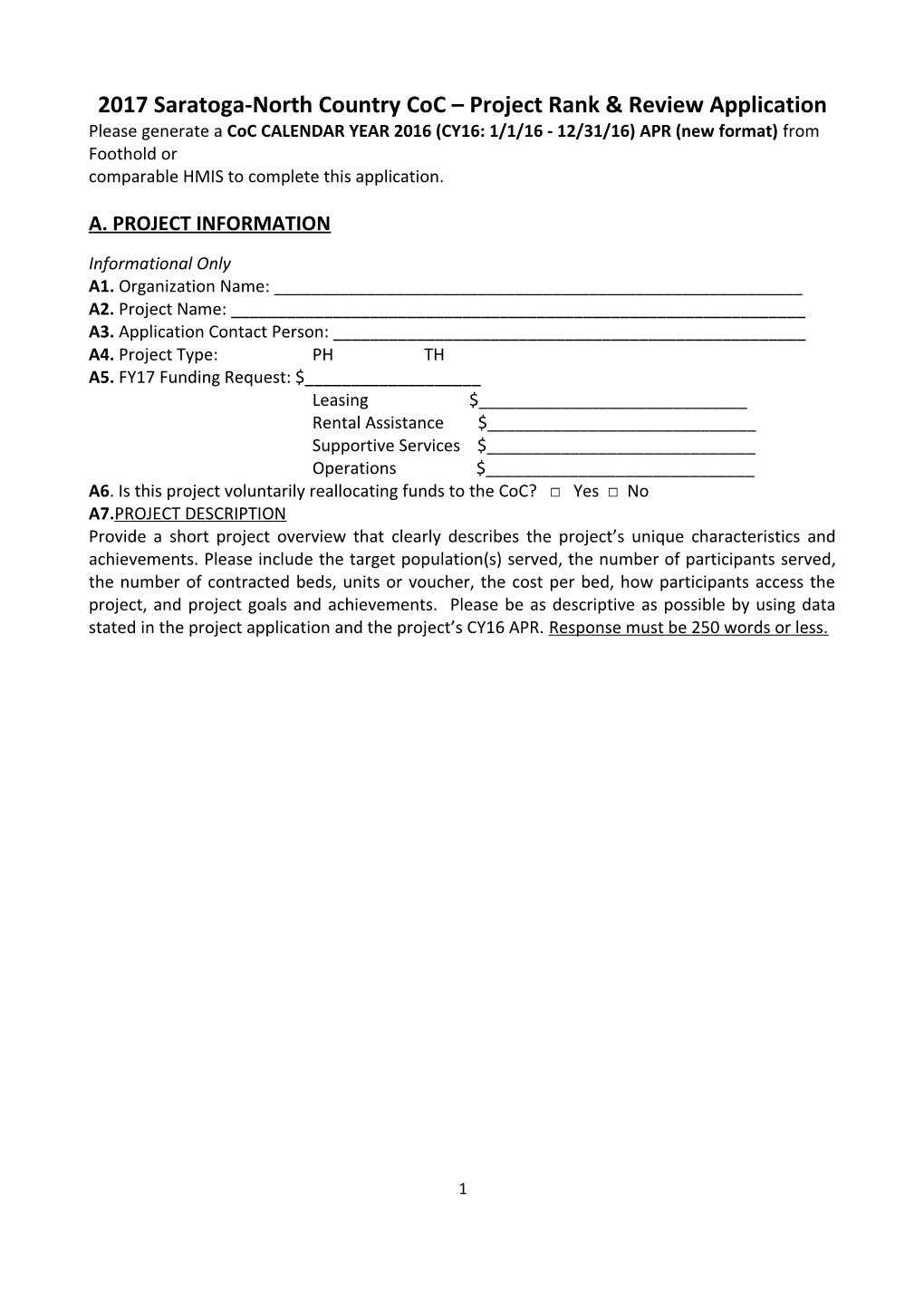 2017 Saratoga-North Country Coc Project Rank & Review Application