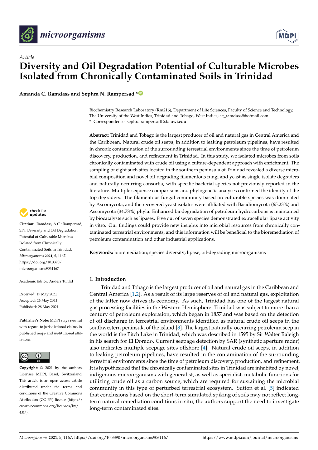 Diversity and Oil Degradation Potential of Culturable Microbes Isolated from Chronically Contaminated Soils in Trinidad