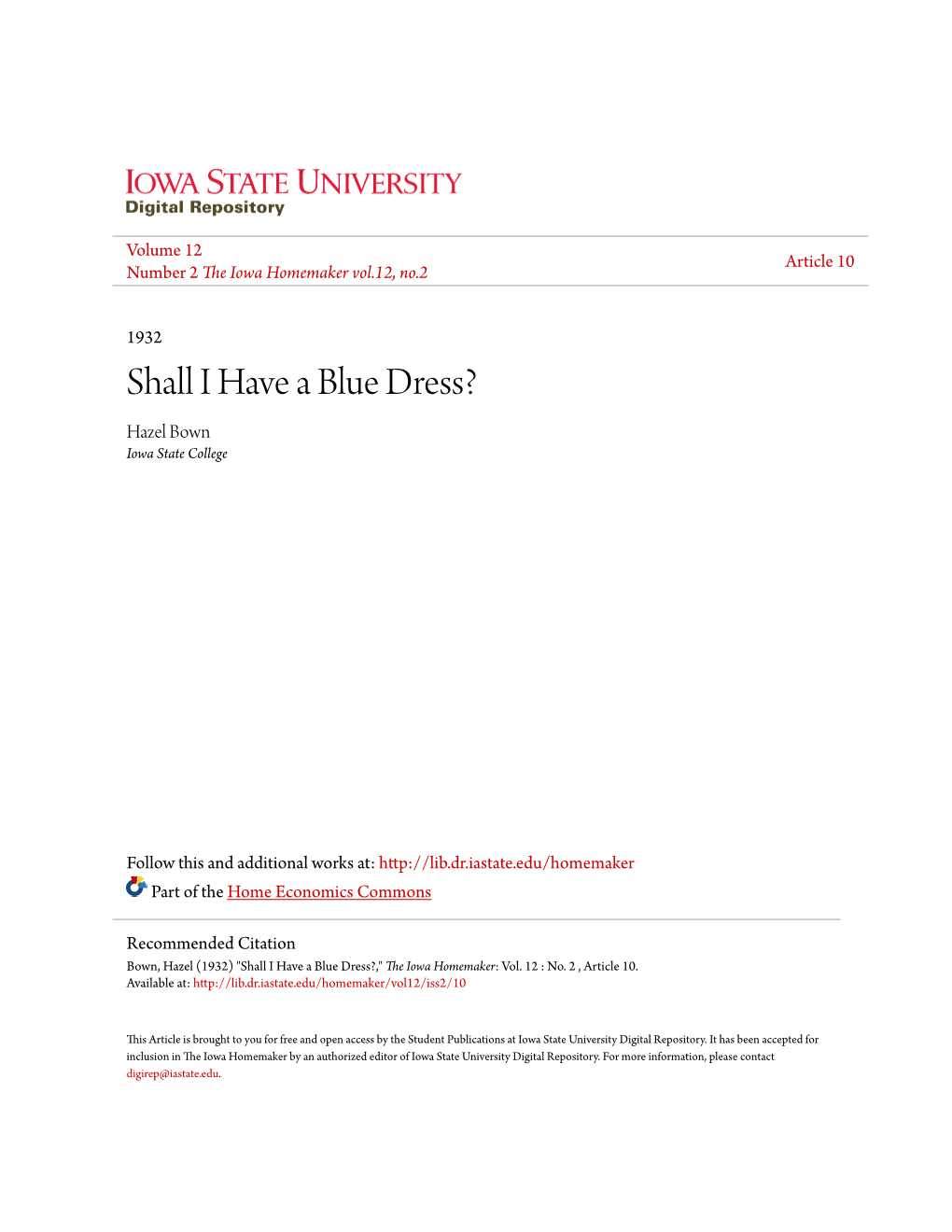 Shall I Have a Blue Dress? Hazel Bown Iowa State College