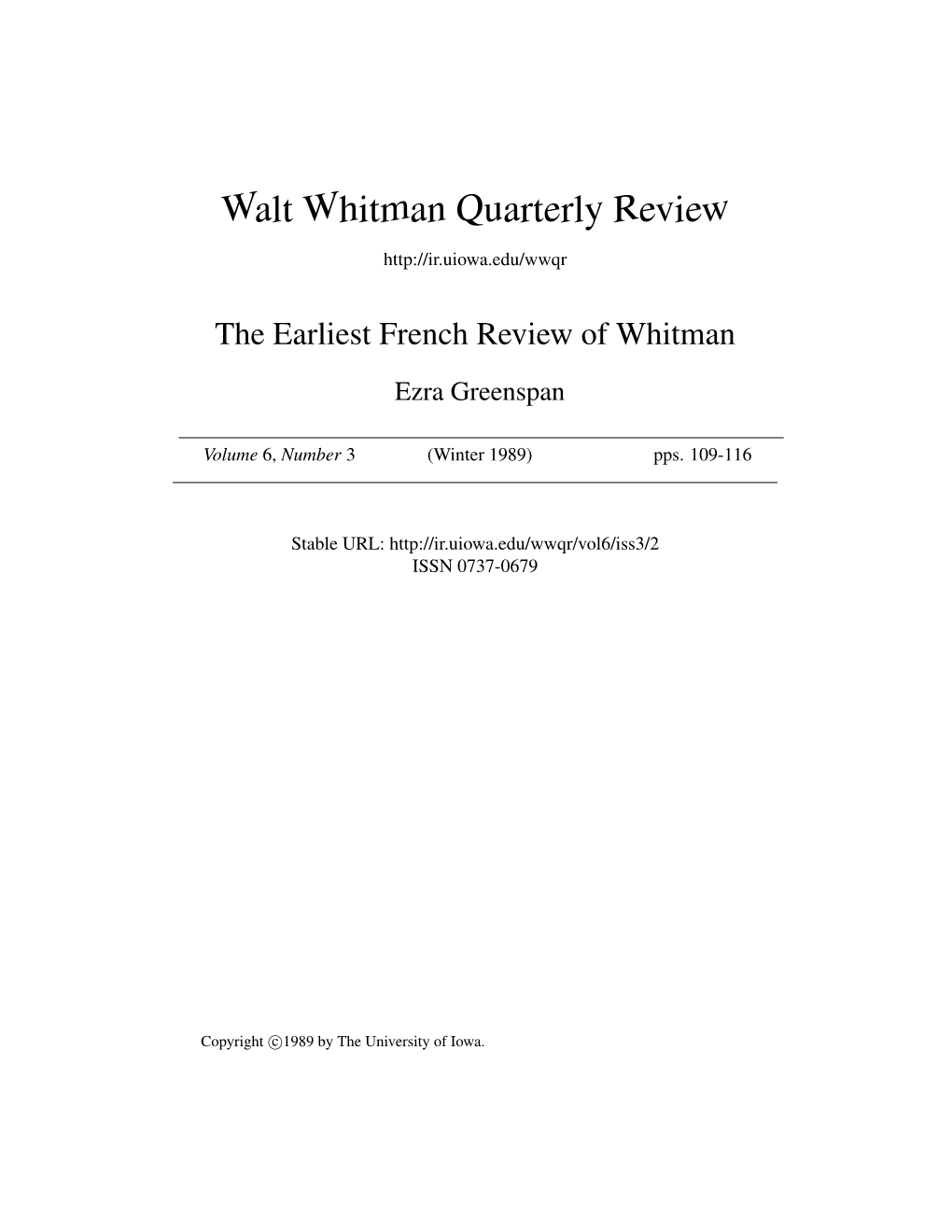 Walt Whitman Quarterly Review