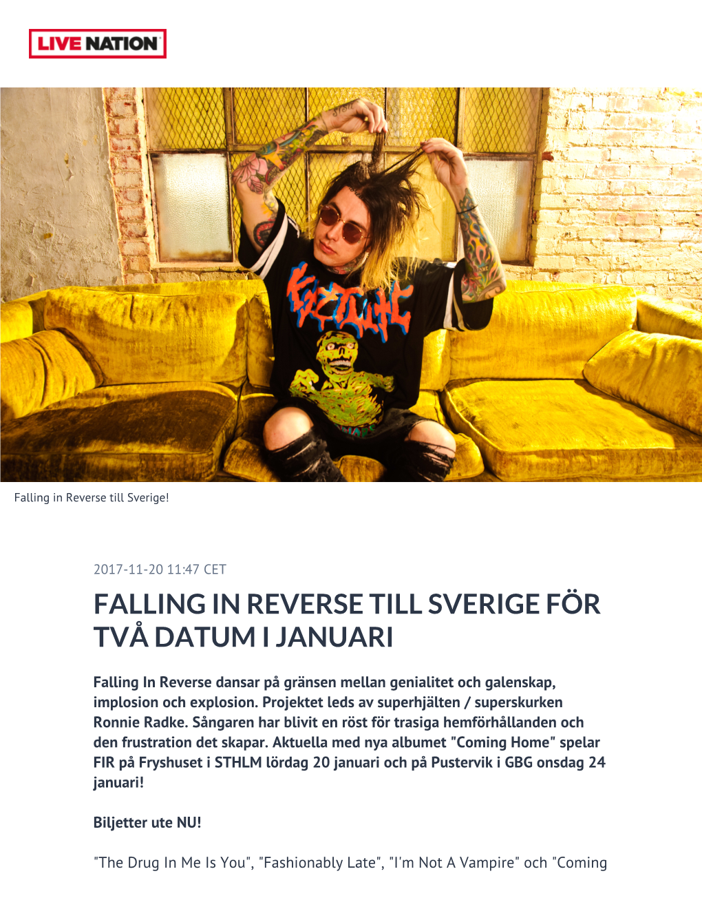 Falling in Reverse Till Sverige För Två Datum I Januari