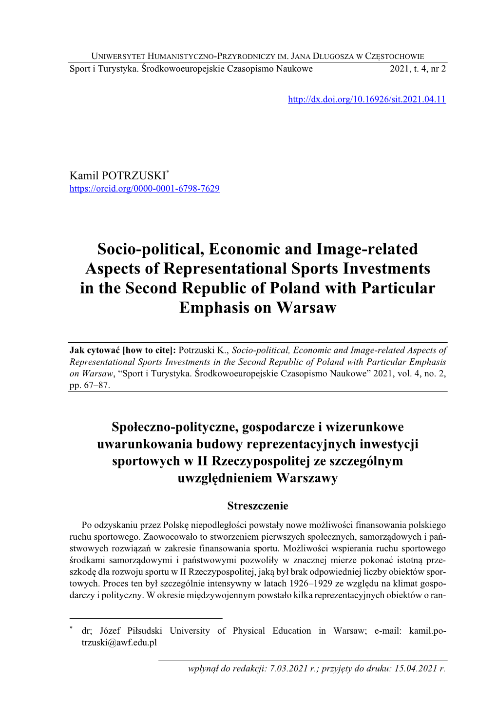 Socio-Political, Economic and Image-Related Aspects of Representational Sports Investments in the Second Republic of Poland with Particular Emphasis on Warsaw