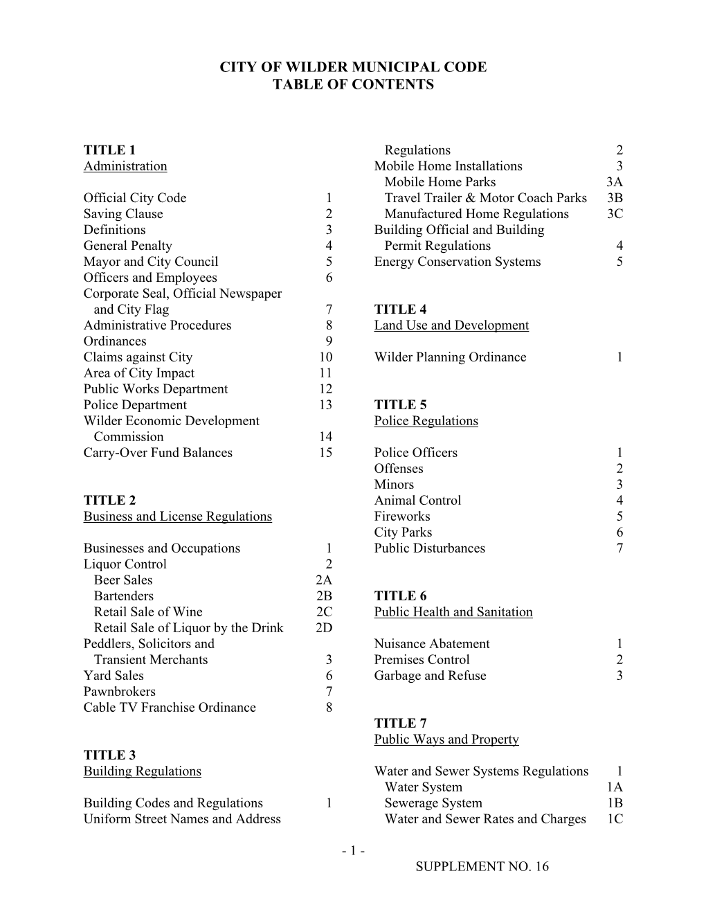 City of Wilder Municipal Code Table of Contents