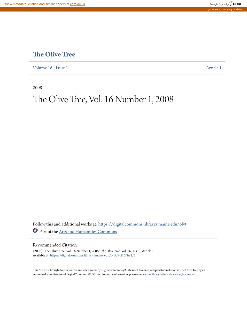 The Olive Tree, Vol. 16 Number 1, 2008