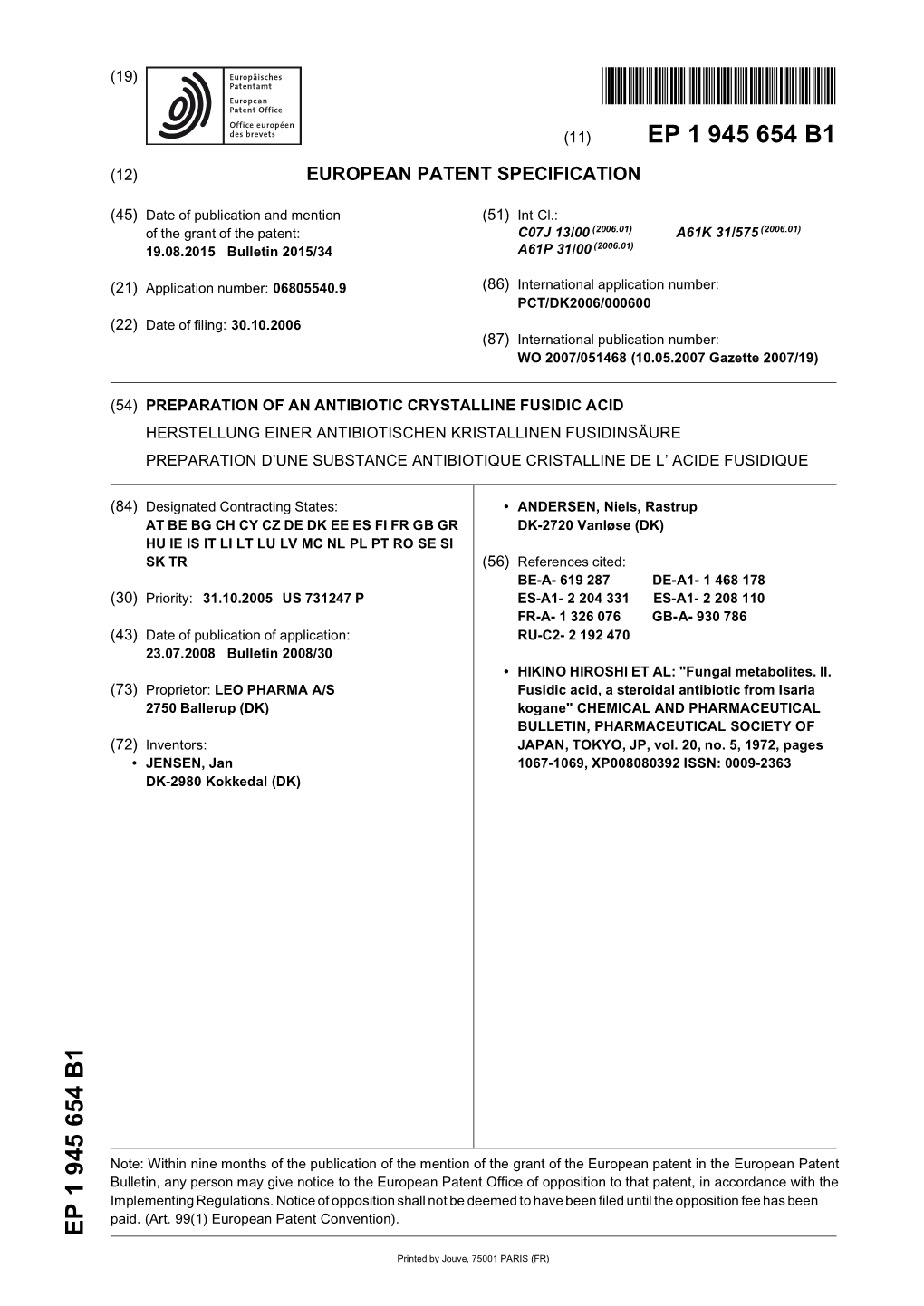 Preparation of an Antibiotic Crystalline Fusidic Acid