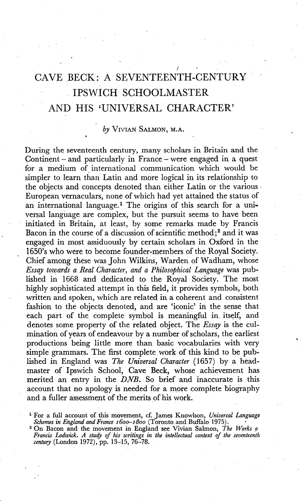 Cave Beck: a Seventeenth-Century •Ipswich Schoolmaster� and His 'Universal Character'