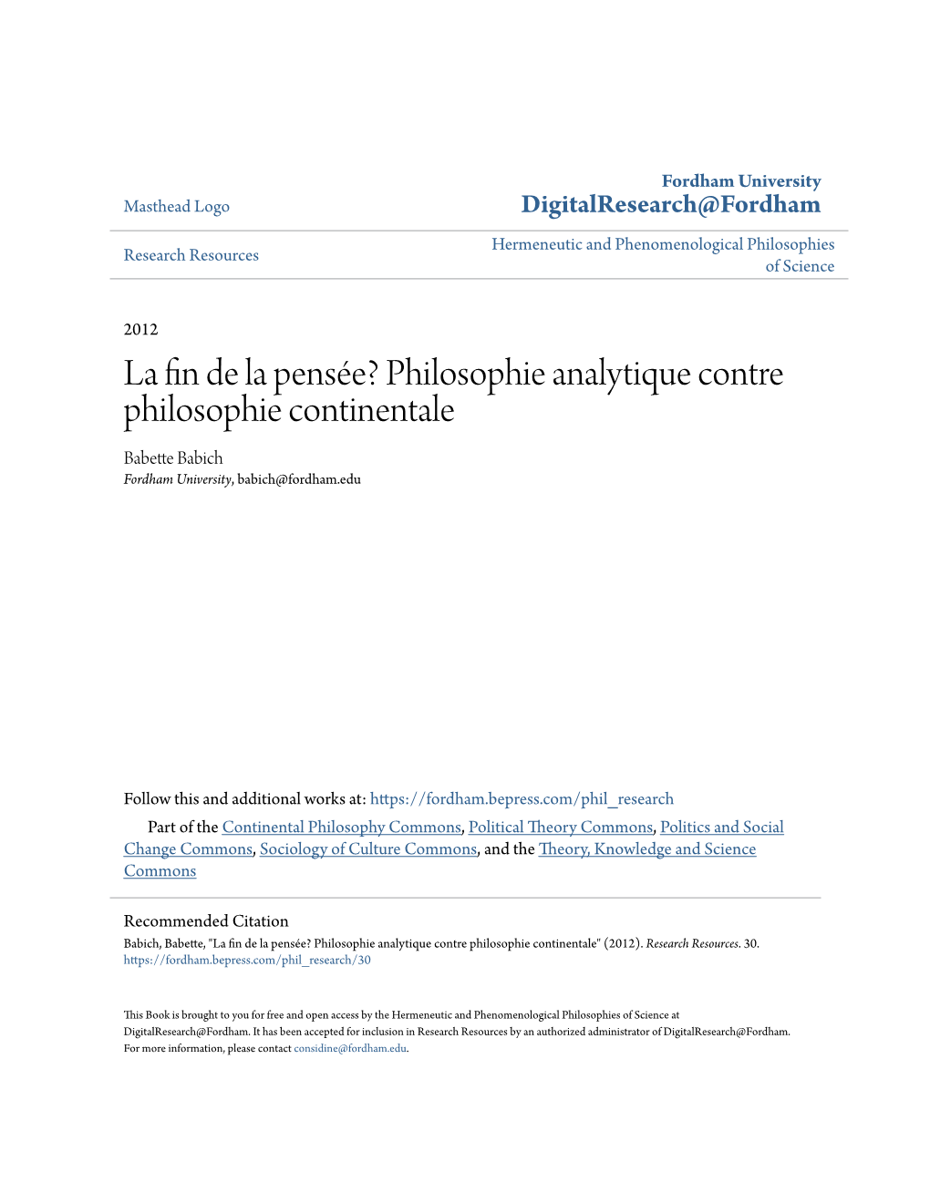 Philosophie Analytique Contre Philosophie Continentale Babette Babich Fordham University, Babich@Fordham.Edu