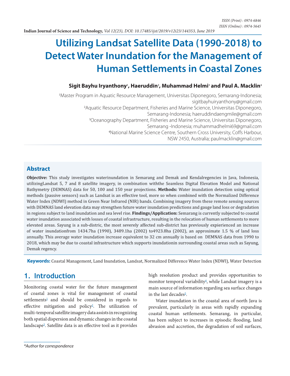 Utilizing Landsat Satellite Data (1990-2018) to Detect Water Inundation for the Management of Human Settlements in Coastal Zones