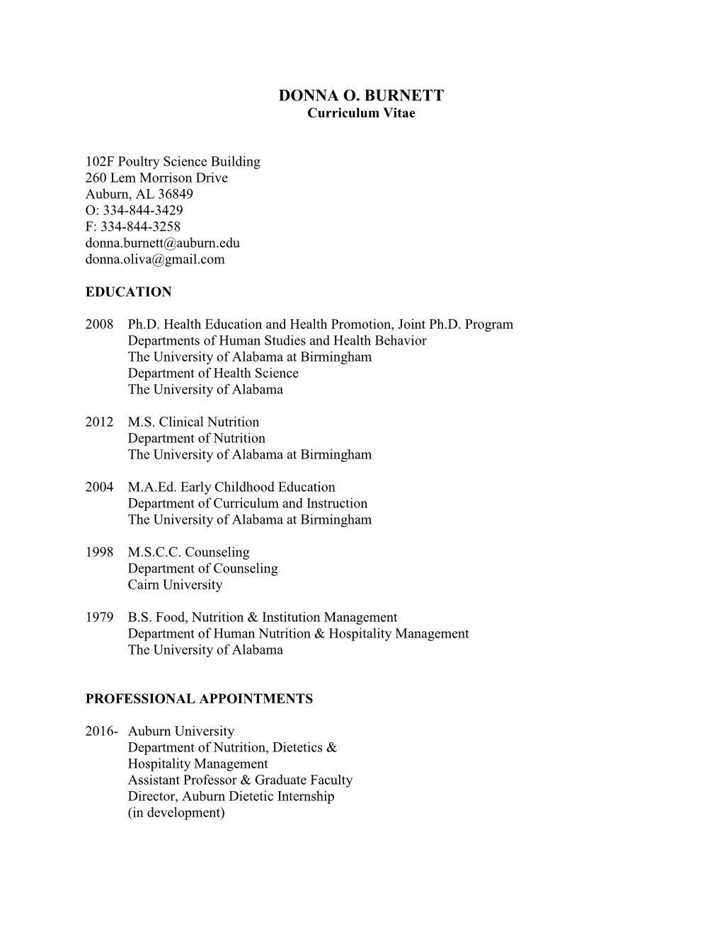 DONNA O. BURNETT Curriculum Vitae