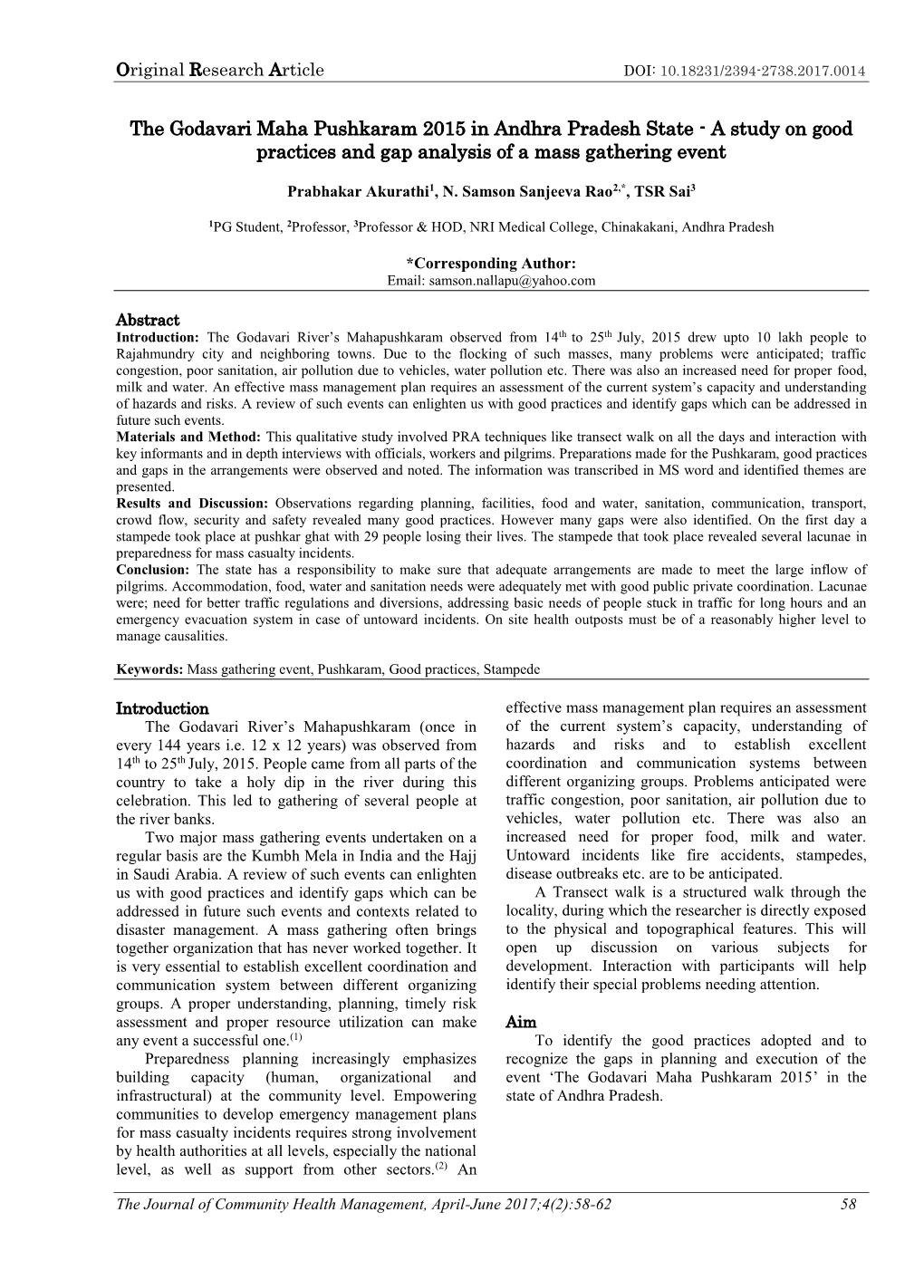 The Godavari Maha Pushkaram 2015 in Andhra Pradesh State - a Study on Good Practices and Gap Analysis of a Mass Gathering Event